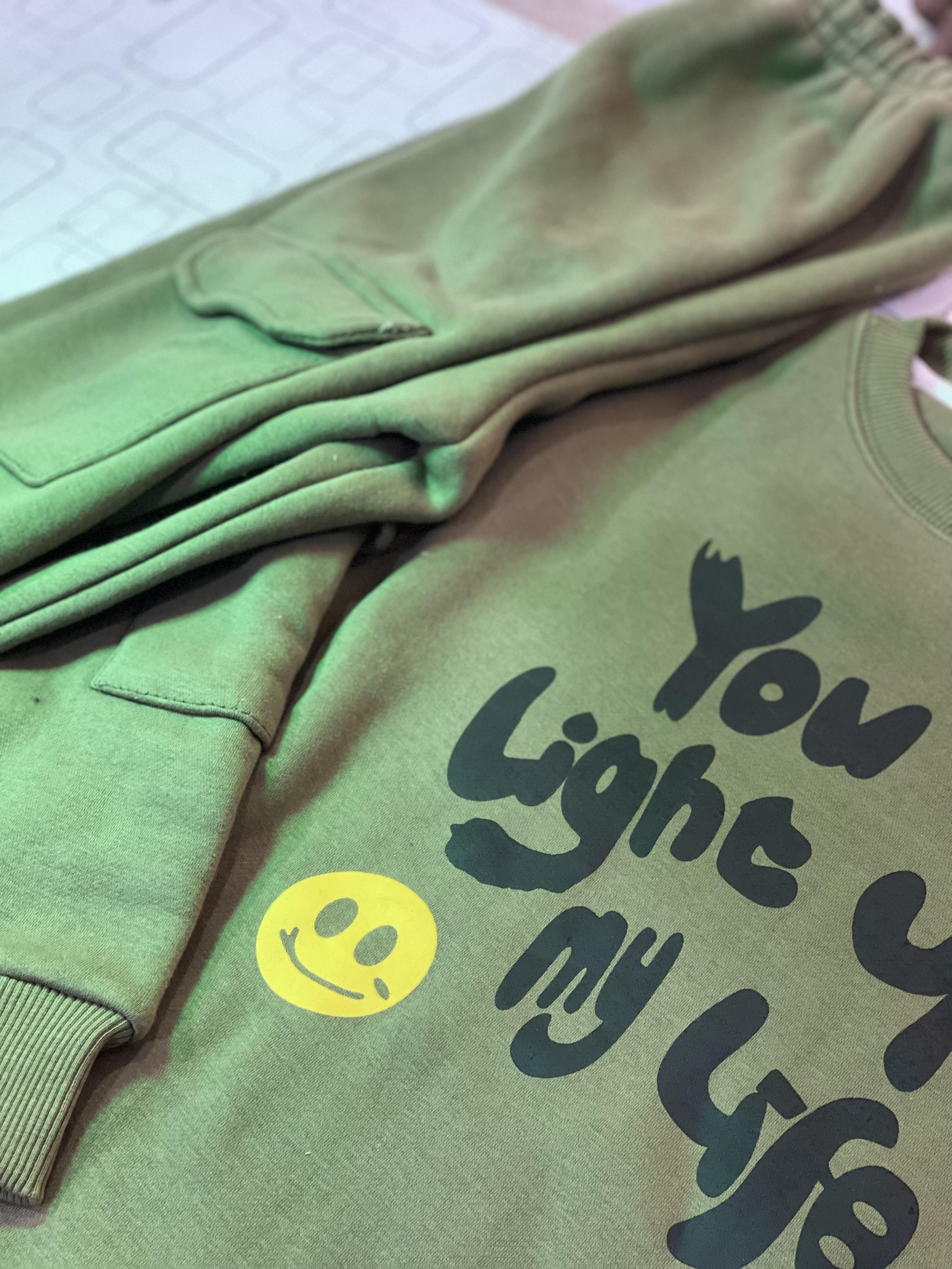 You Light Up My World - Pocketed Sweatshirt with Trouser - Olive Green